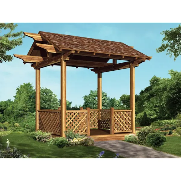 Great all wood four-sided gazebo has lattice railing and a spacious feel