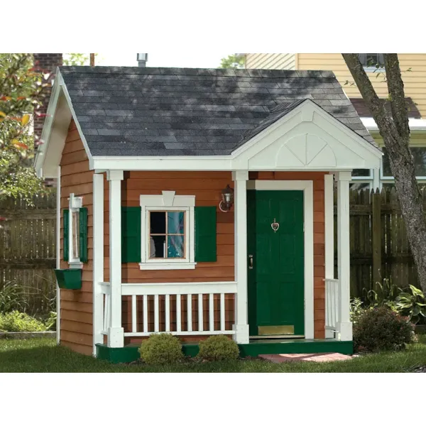 Charming children's playhouse with covered front porch and side flower boxes on the windows