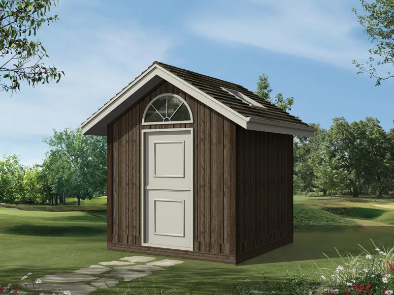 Gable storage shed has skylight in roof and half-round window above door