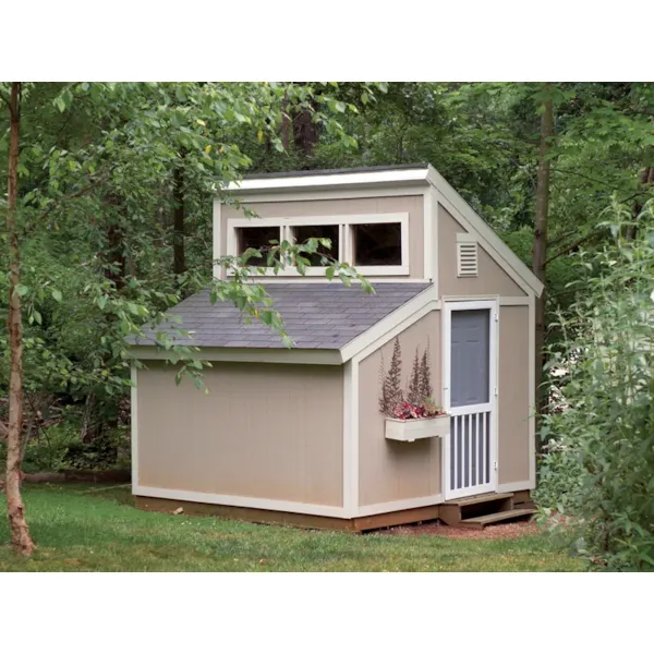 Garden sheds with clerestory window on top has a conveneint side door and window with planter box