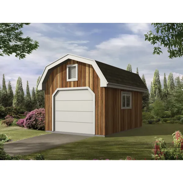 Barn style storage shed has an overhead door for easy storage and a rustic exterior look