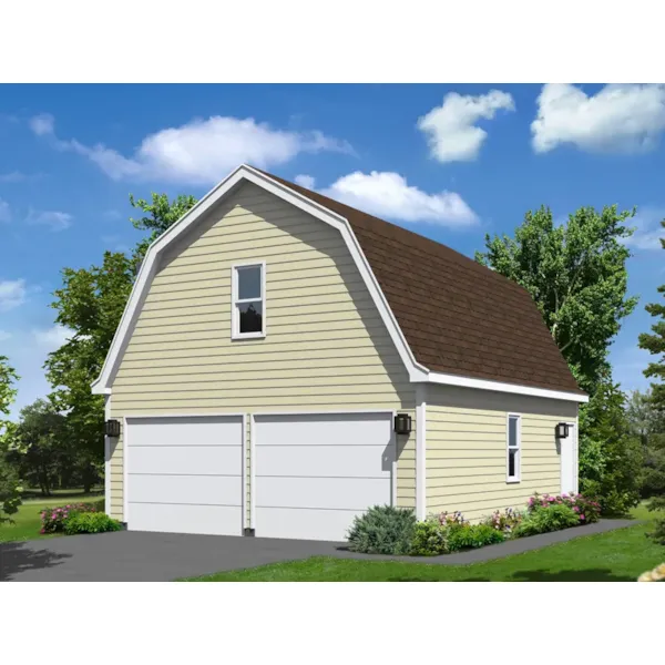 Two-car garage has gambrel roof style similar to a country style barn