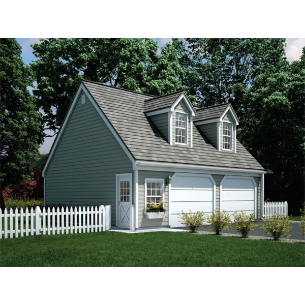 Appealing two-car garage has twin dormers on roof for added charm