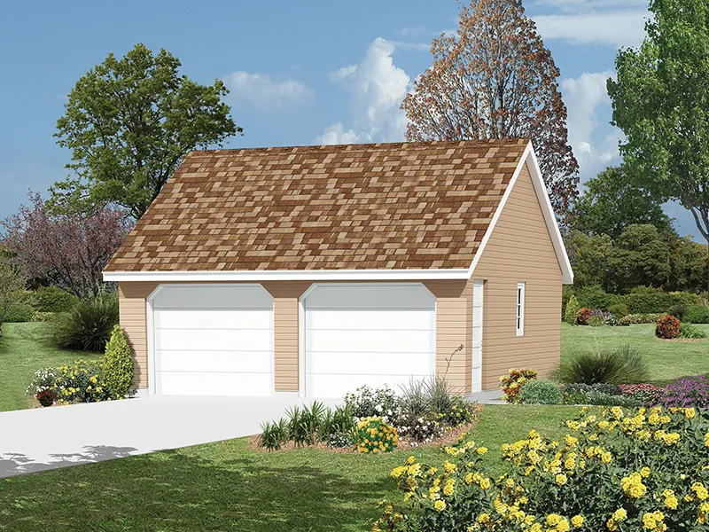 Traditional style two-car garage with reverse gable roof