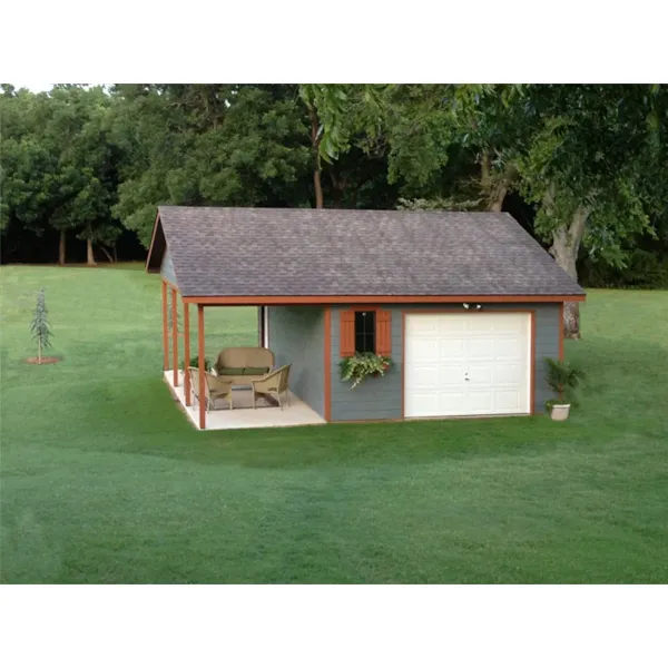 One-car garage has side covered porch for storage or other items