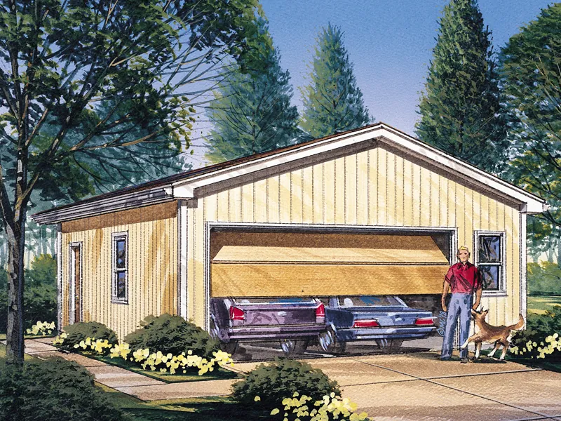 Two-car garage style has multiple windows and a door plus it can hold storage
