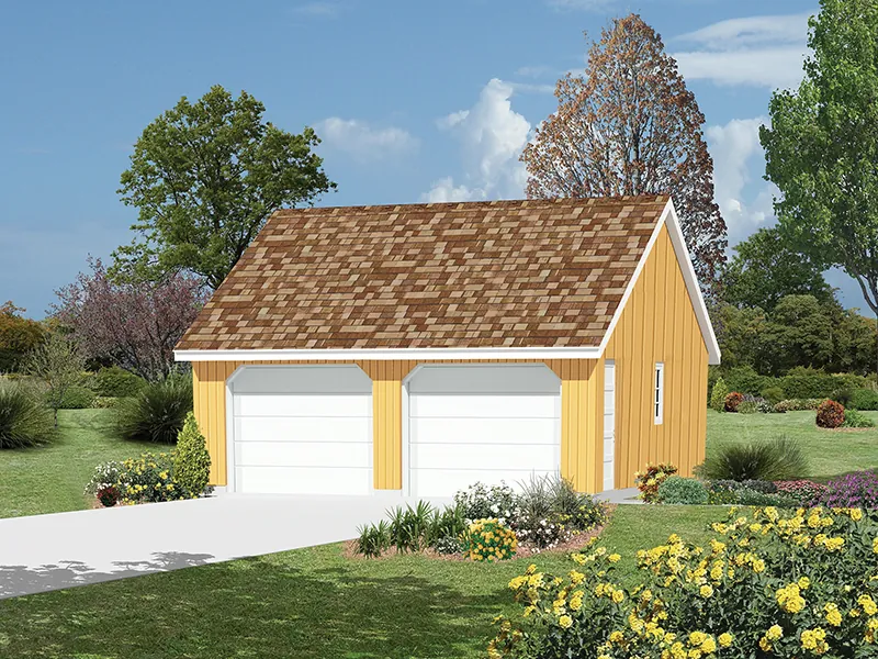 This two-car garage also features a western style reverse gable roof