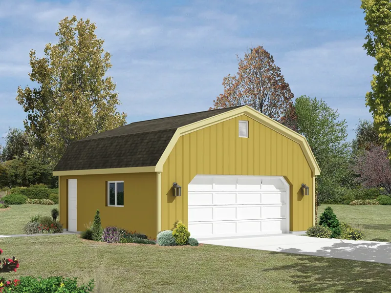 This two-car garage has a distinct country style thanks to thegambrel roof design