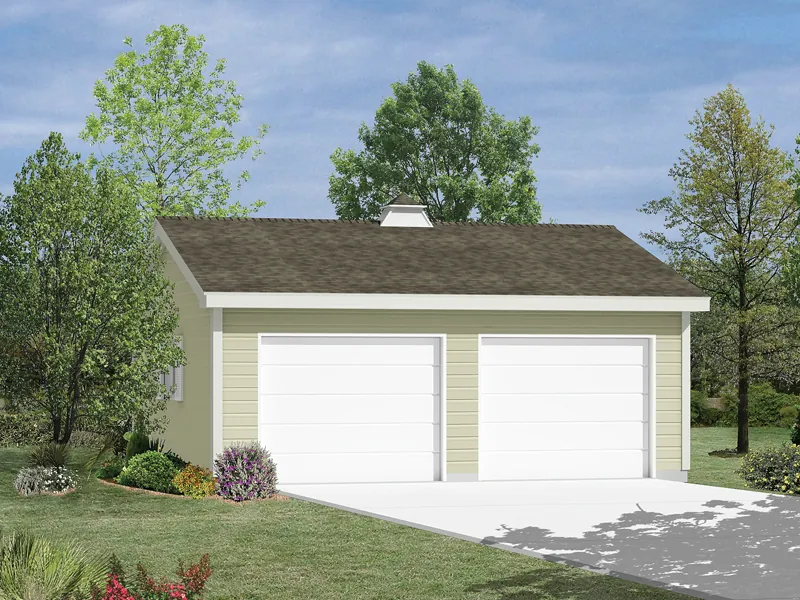 Two-car garage has a reverse gable roof with a cupola on top for added character and style