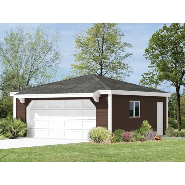 Interesting two-car garage has hip roof design 