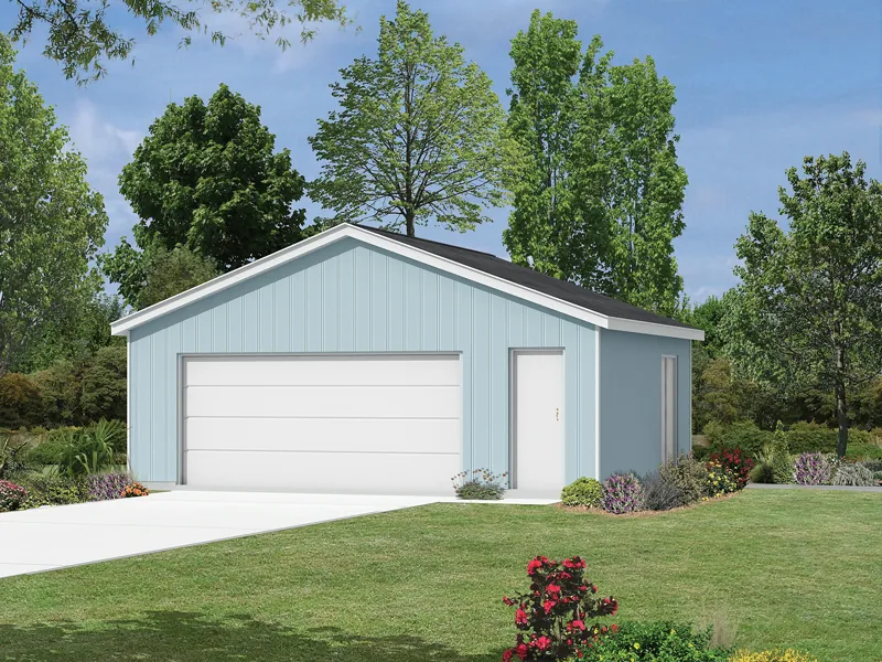 This two-car garage has extra storage on one side perfect for yard equipment