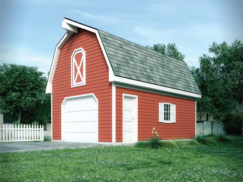 One-car garage has barn-like design thanks to the gambrel roof and loft space above