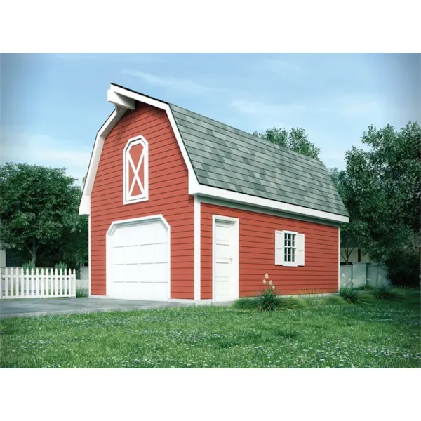 One-car garage has barn-like design thanks to the gambrel roof and loft space above