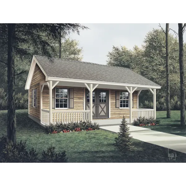 Workroom with covered porch has rustic style double doors on front