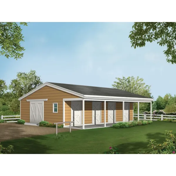 Four stall horse barn has roof overhang for shelter from the weather