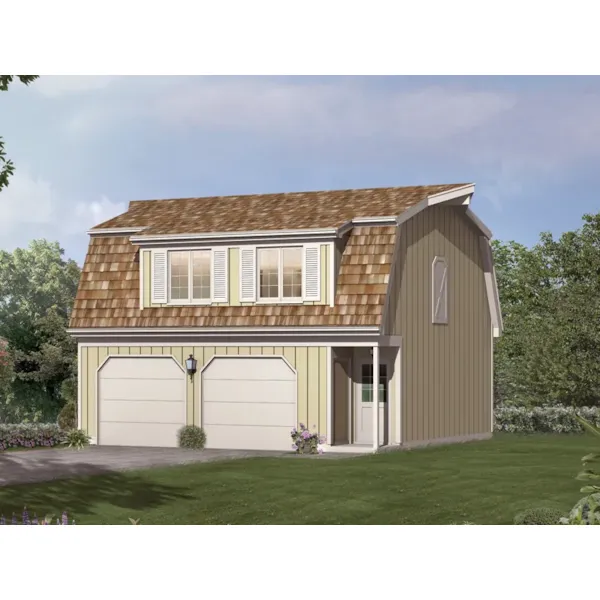 This two-car apartment garage has a cedar shingled roof adding a Bungalow feel to the design