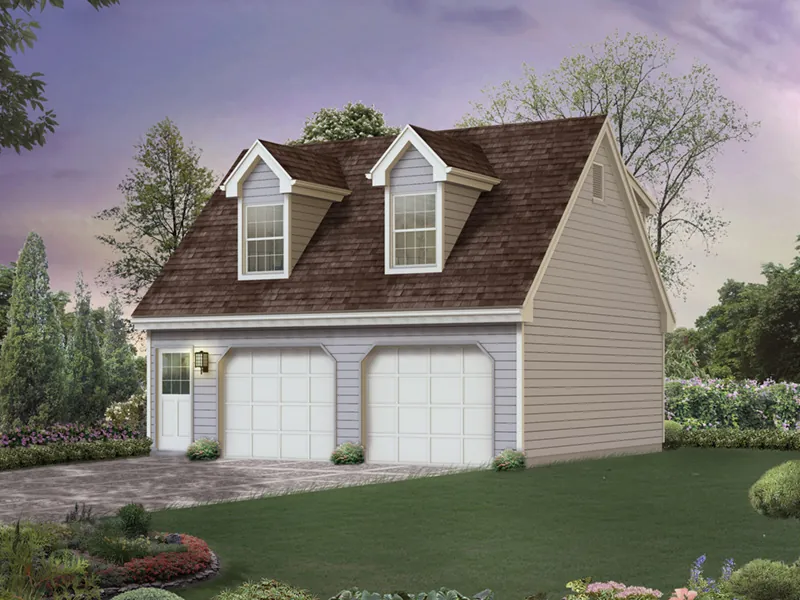 Cape Cod style two-story apartment garage with twin roof dormers