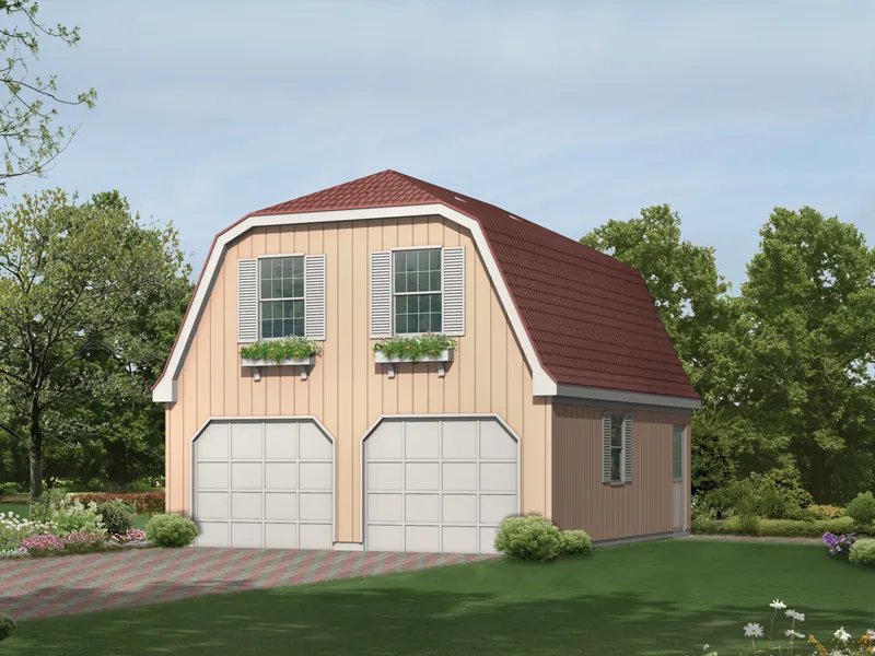 Two-car garage apartment has gambrel style roof and windows with charming planter boxes