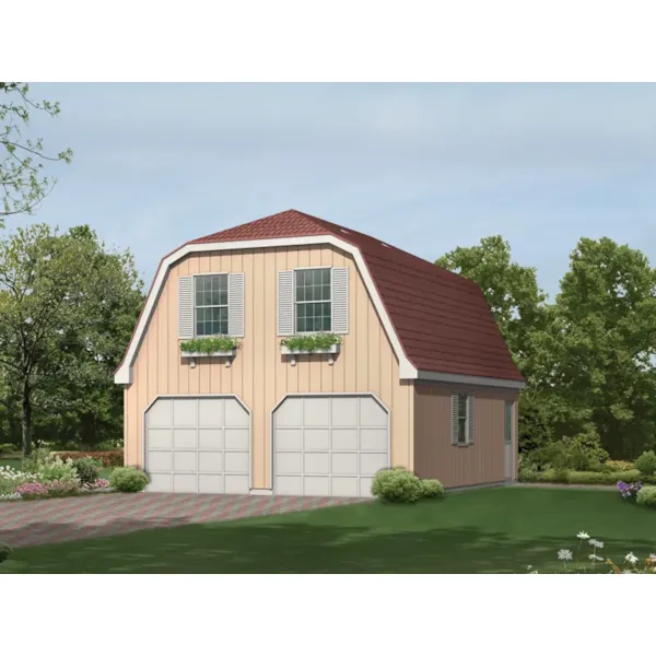 Two-car garage apartment has gambrel style roof and windows with charming planter boxes