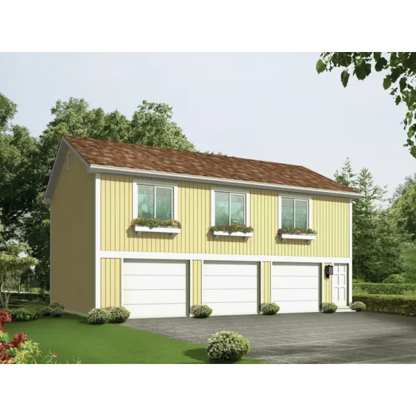 Three-car garage apartment has a simple design with three windows above garage doors all with planter boxes