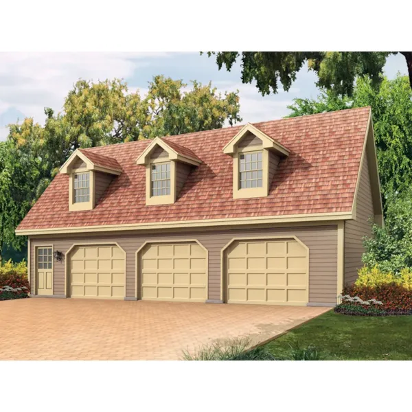 Cape Cod style three-car garage apartment with triple dormers on the roof