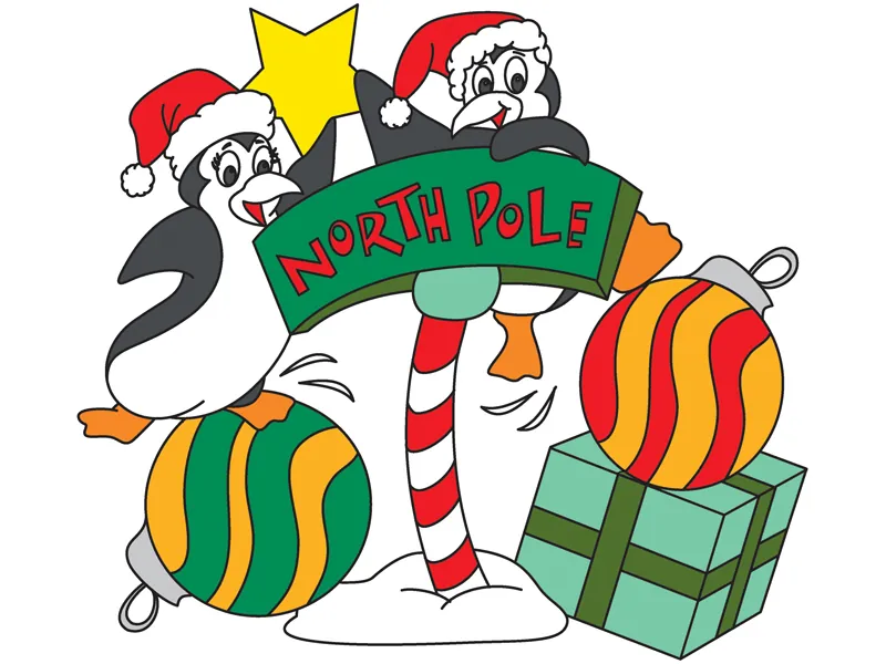 North pole penguin scene with ornaments and gifts