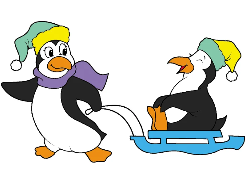 Festive pattern with penguin pulling sled with another penguin on it