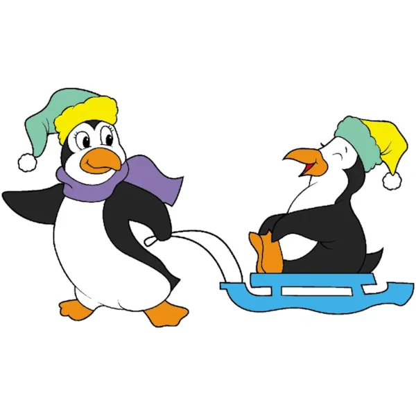 Festive pattern with penguin pulling sled with another penguin on it