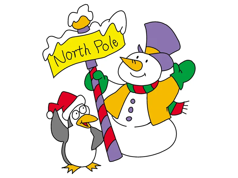 Cute North Pole greeting with penguin and snowman