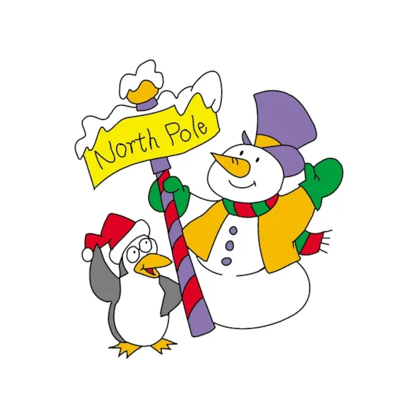 Cute North Pole greeting with penguin and snowman