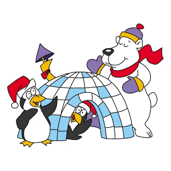 Wintery igloo scene with polar bear and two penguins