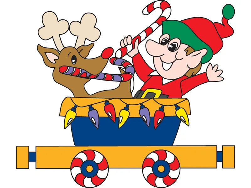 Candy cane train pattern features an elf and reindeer it he train car