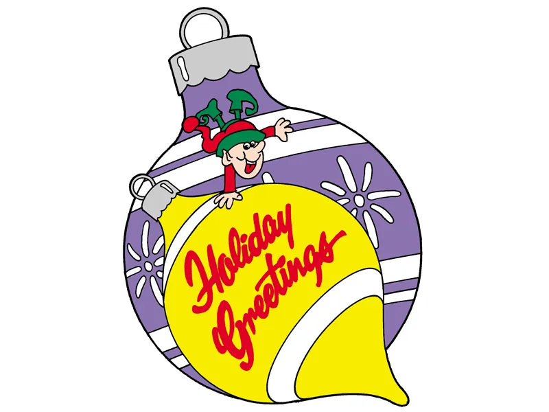 A large ornament features a great holiday greeting