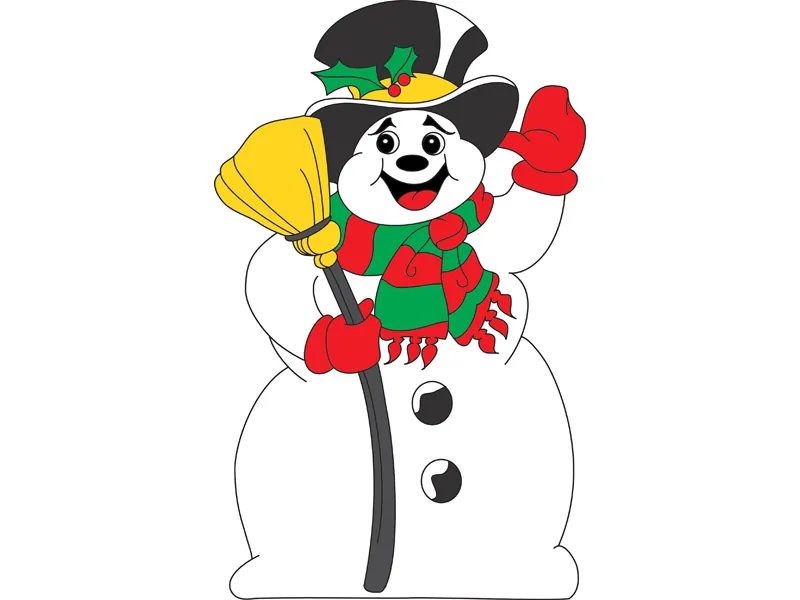 Classic Frosty the snowman is waving and has a broom and top hat