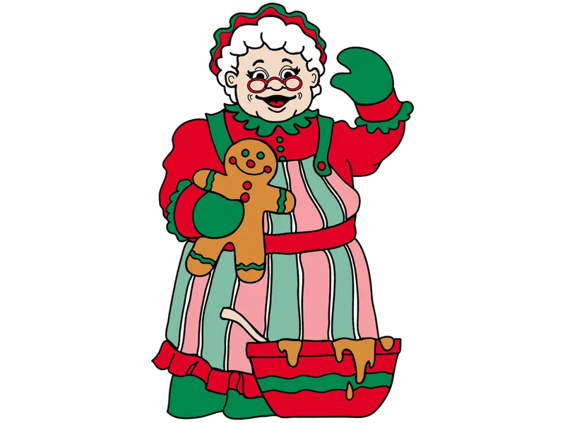 Mrs. Santa Claus has a homey feel with gingerbread cookie and mixing bowl