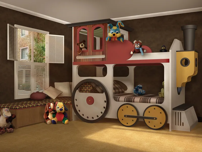Adorable all wood locomotive bunk bed transforms a child's room into a imaginative play world