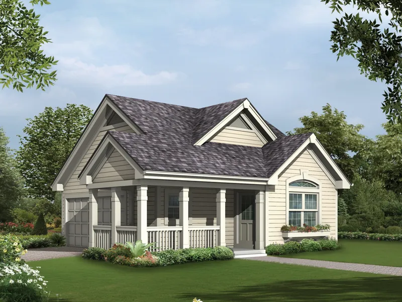 A wrap-around covered porch and window box give this two-car garage the style of a home plan