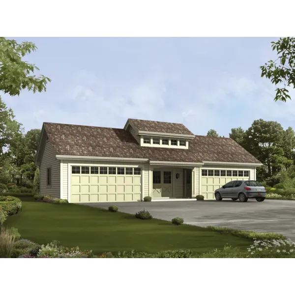 Four-car garage has center celerestory window on the roof and center double door