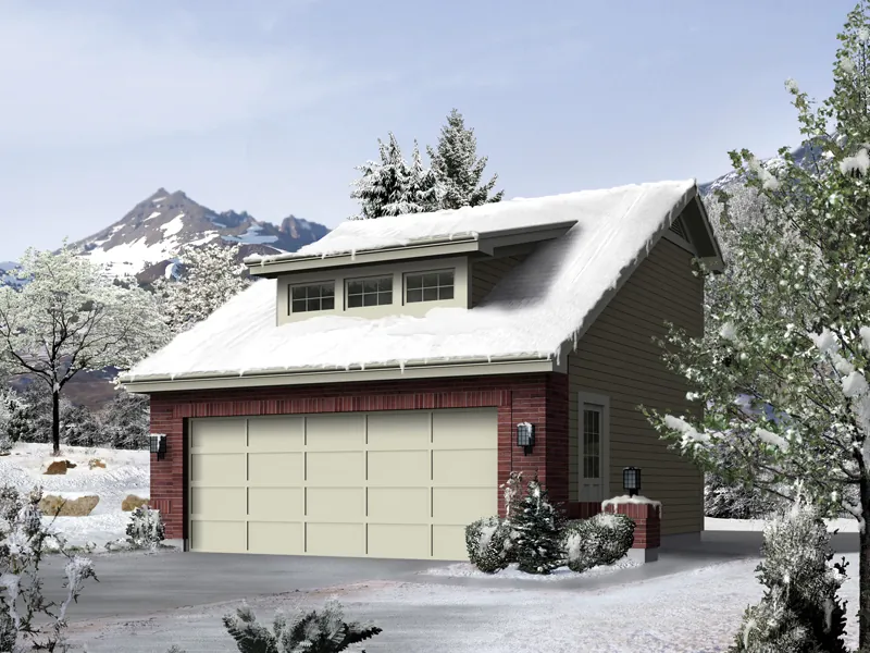 Two-car garage has steep roof pitch and a center celerestory window