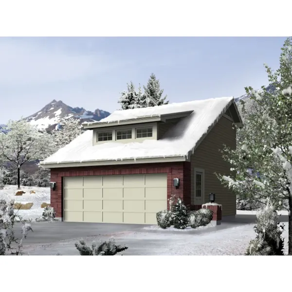 Two-car garage has steep roof pitch and a center celerestory window