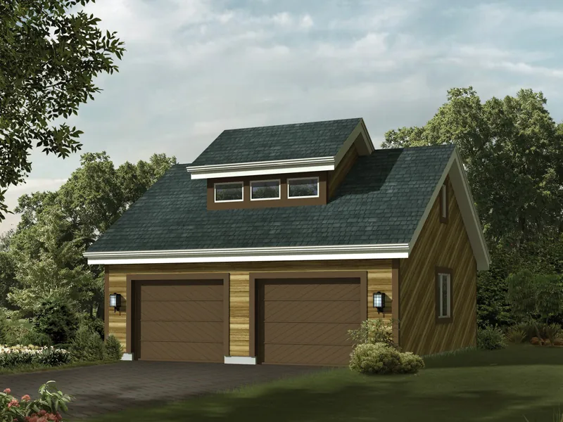 Rustic style two-car garage has a center celerestory window on the roof