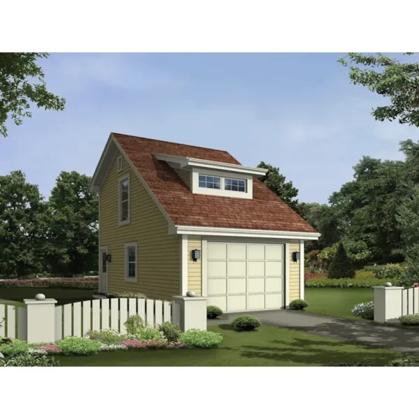 One-car garage with clerestory window on roof is perfect for a narrow lot