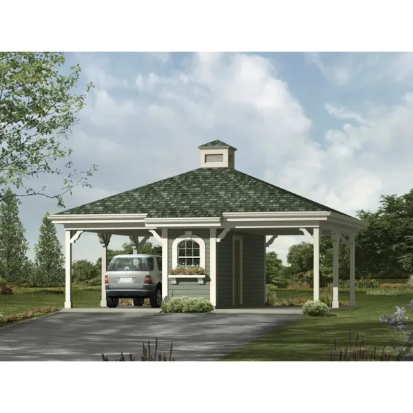 Two-car carport with roof cupola has center storage areas as a divider