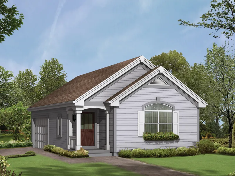 Two-car garage has the look of a home on the outside with a covered front porch and window box