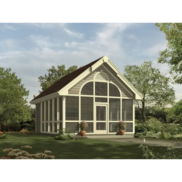 Screened shelter with grand arched design surrounding main door