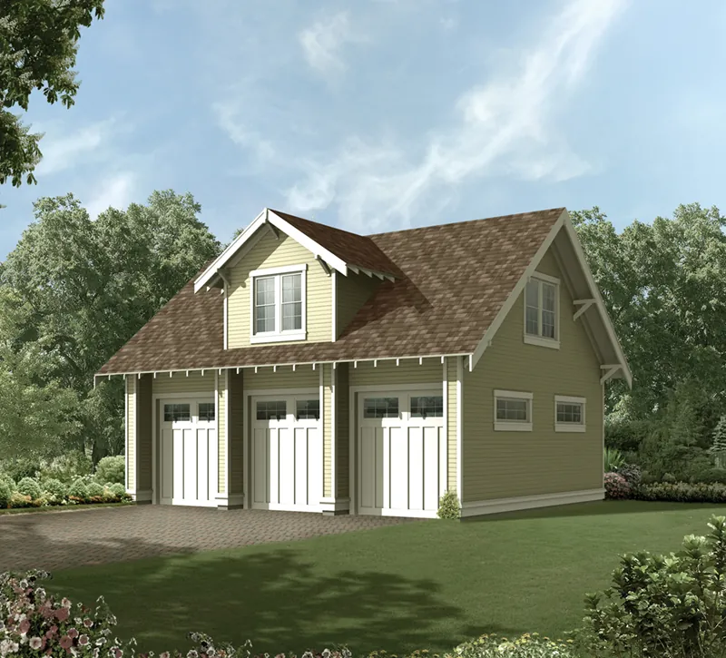 Three-car garage with Craftsman style details on the roof and a large bay window