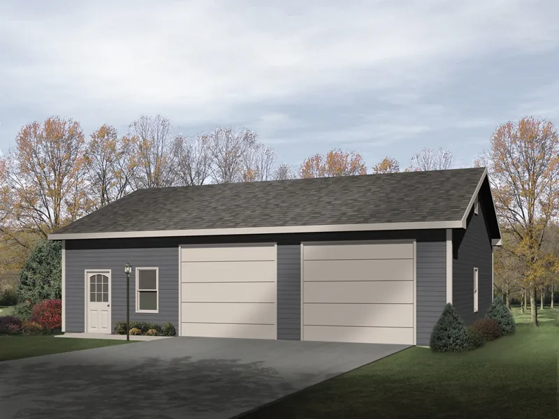 This two-car garage features workshop and storage space 