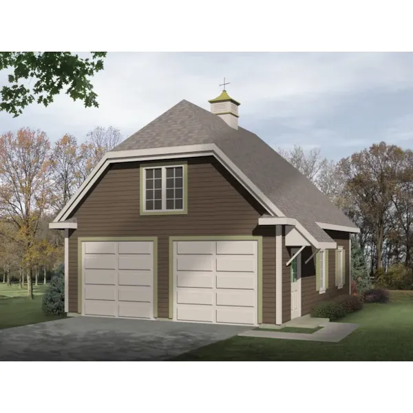 Two-car garage has Country style thanks to the hip roof design and roof cupola