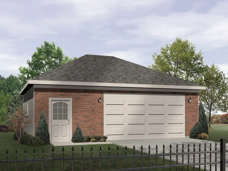 Two-car garage design has entry door and hip roof design