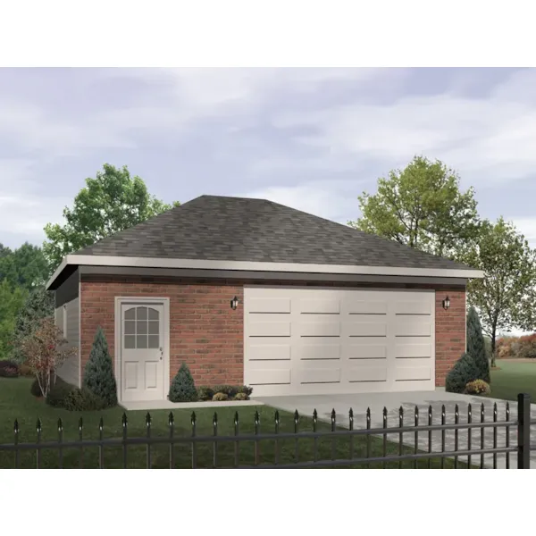 Two-car garage design has entry door and hip roof design